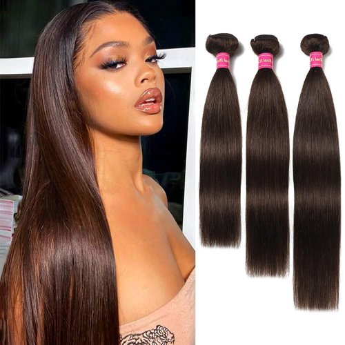 Straight Bundles Human Hair Brown - 12A Brazilian Virgin Hair Bundles Double Weft Weave 100G Unprocessed Weave 3 Bundles Human Hair Extensions For Black Women (12 14 16 Inch, 4 Medium Brown Straight)