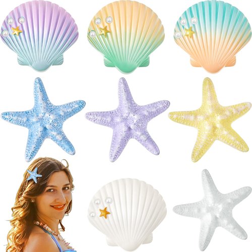 Juexica 8 Pieces Starfish Hair Clip Halloween Mermaid Accessories Resin Seashell Starfish Seastar Hair Clip Mermaid Costume Accessories for Women