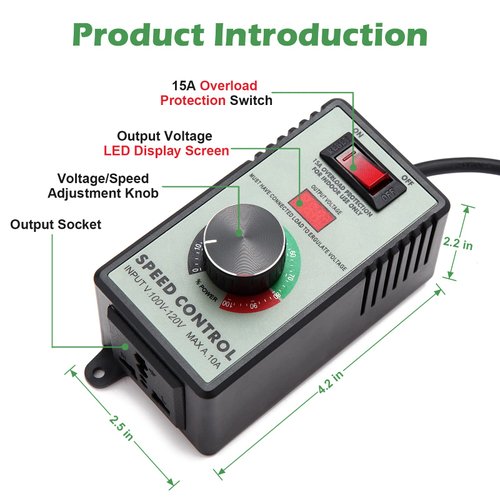 HARMNEE AC Motor Speed Controller, AC 100V-120V & 15A Max, AC Electric Fan Variable Speed Controller Electronic Voltage Regulator with Overload Protection Switch & Voltage LED Display Screen