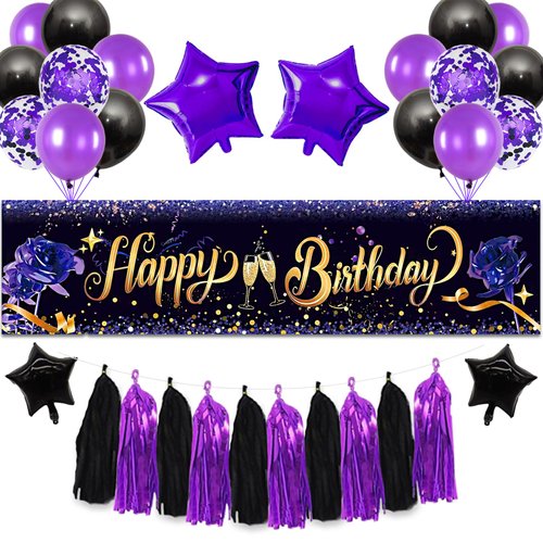 Black Purple Birthday Decorations for Women, Happy Birthday Banner Backdrop with Black and Purple Balloons, Purple Party Decorations, Happy Birthday Decorations for Girls Birthday Party Supplies