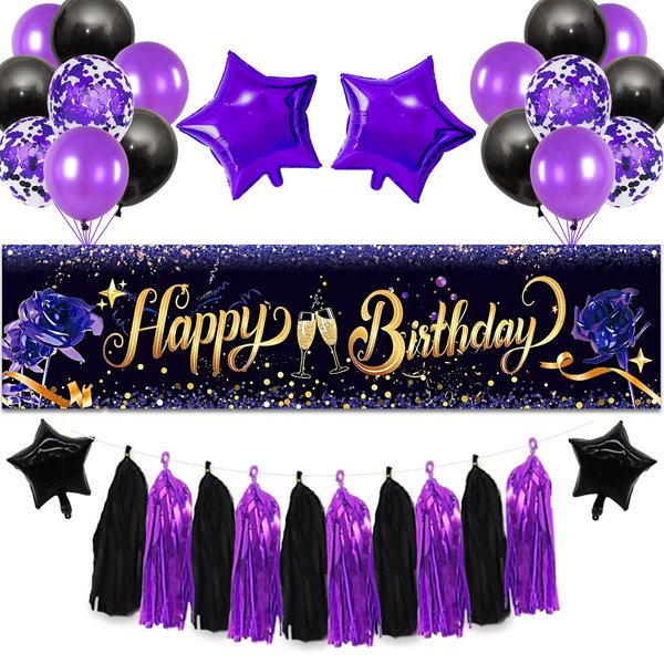 Black Purple Birthday Decorations for Women, Happy Birthday Banner Backdrop with Black and Purple Balloons, Purple Party Decorations, Happy Birthday Decorations for Girls Birthday Party Supplies