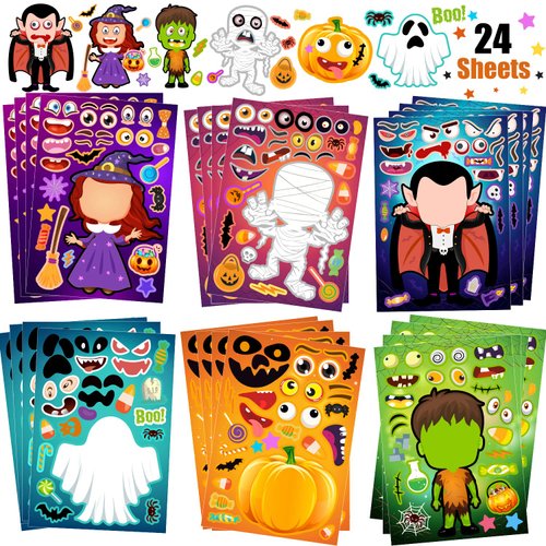 24 Sheets Halloween Stickers Halloween Favors for Kids, Make Your Own Halloween Stickers, Halloween Crafts for Kids Halloween Party Games Stickers, Trick or Treat Halloween Party Supplies