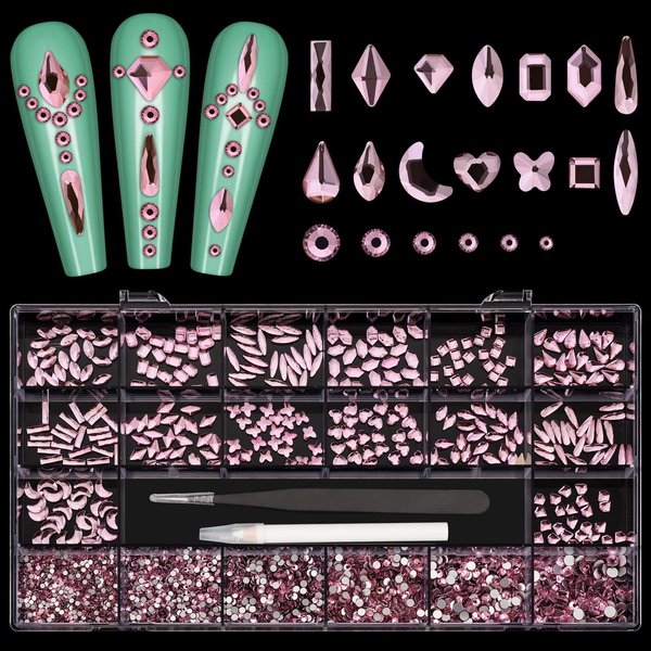 Noverlife Rhinestones, 3830PCS Pink Mauve Multi Shapes Nail Art Beads, Silver Flatback Round Rhinestones Crystals for DIY Crafts Clothes Shoes Jewelry