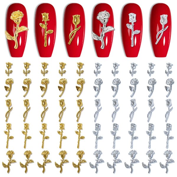 SILPECWEE 70pcs Rose Nail Charms 3D Charms for Nails Gold Silver Nail Flower Nail Jewels Nail Studs Nail Art Charms for Acrylic Nails Decoration DIY Nail Design Manicure Craft Jewelry Making
