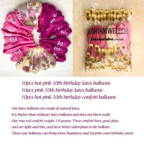 Jonhamwelbor Happy 10th Birthday Latex and Confetti Helium Balloons 30 Pcs 12 Inch Pink and Hot Pink Sweet 10 Year Old Double Digits Birthday Party Decorations for Girls