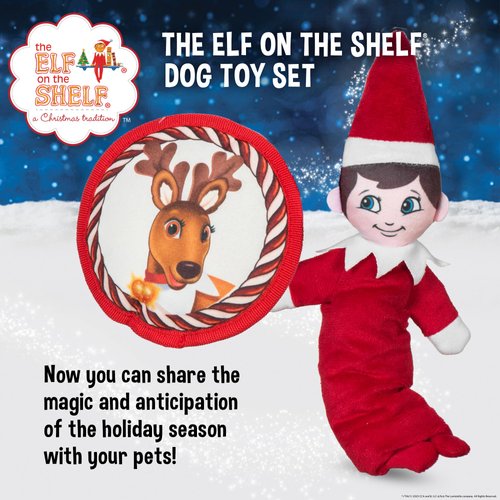 The Elf on the Shelf 2pc Dog Toy Set with Elastic Scout Elf + Elf Pets Reindeer Plush Flattie Disk, Squeaky Dog Toys | Bungee Dog Toys for Tug | Stocking Stuffers for Dogs