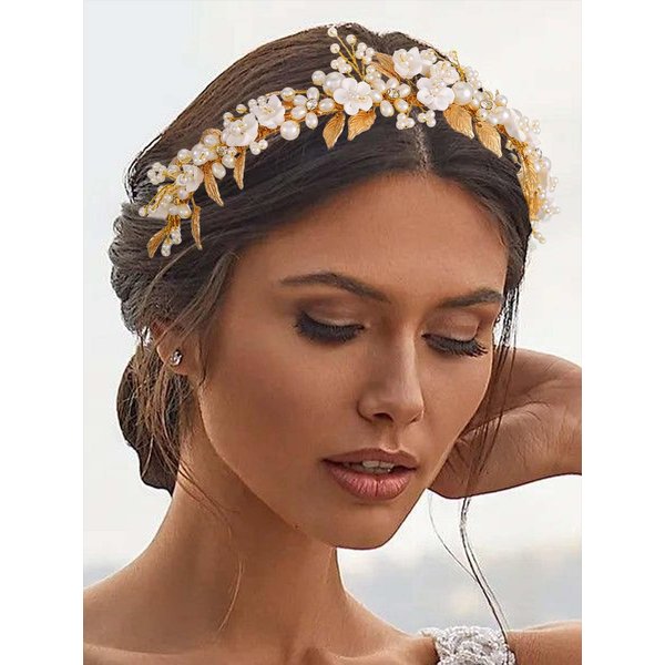 Brishow Flower Wedding Headband Gold Leaf Hair Band Pearl Bridal Hair Accessories for Women