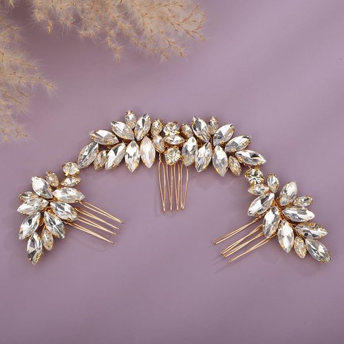 Teyglen Sparkly Rhinestone Wedding Hair Comb Headband Crystal Bridal Hair Side Comb Gold Silver Rhinestone Headpiece Hair Piece Hair Accessory for Women Bride Girls (Gold)
