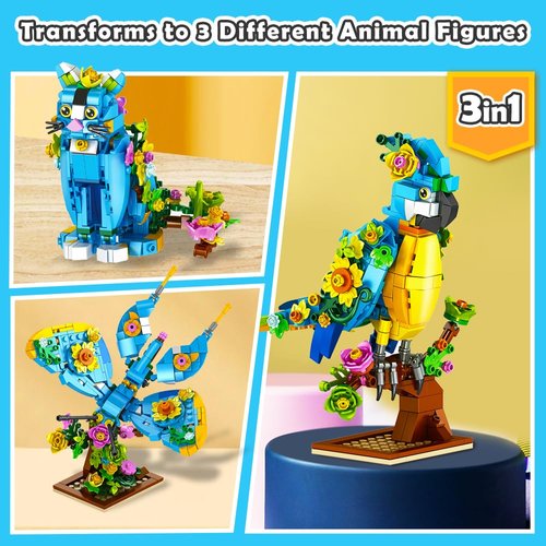INSOON 3 in 1 Flower Cat Parrot Butterfly Building Set, Animal Figures Building Toy for Home Office Art Decor, 412 PCS Building Block Gift for Kids Boys Girls Ages 6 7 8 9 10 11 12+ Adults