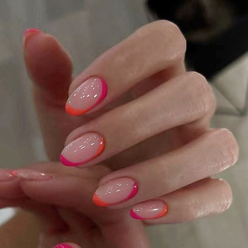 IMSOHOT Oval Press on Nails Short French Fake Nails Glue on Nails Glossy Nude Ombre False Nails w...