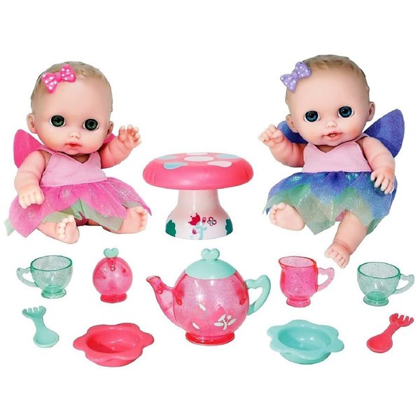 JC Toys Lil Cutesies Twin 8.5" All Vinyl Dolls and Fairy Tea Set | Posable and Washable | Removable Outfits | Twin Dolls and Tea Accessories Ages 2+