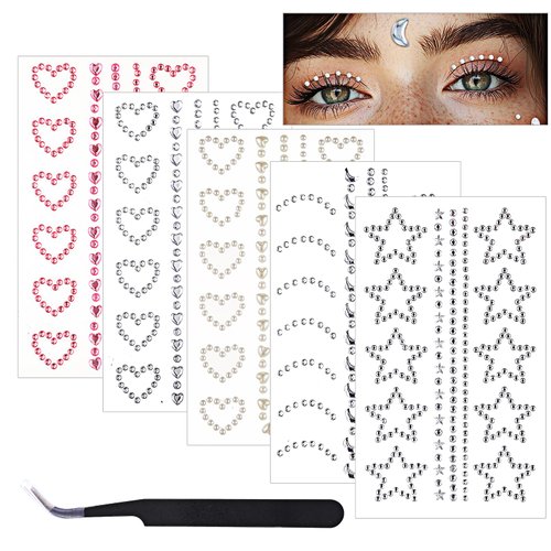 YUXIANLB Face Gems Hair Jewelry, Self Adhesive Heart Star Face Jewels Gem Stickers, Stick on Rhinestones Sticker for Face, Hair, Eye, Body, Makeup, Crafts, Rave Accessories Festival Decals