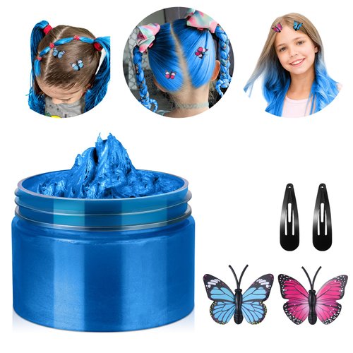 Temporary Hair Color Wax Kit, Stocking Stuffers for Teen Girls age 4 5 6 7 8 9 10+ Hair Dye Color Wax Washable Crazy Hair Garden Style with Butterfly(Blue)