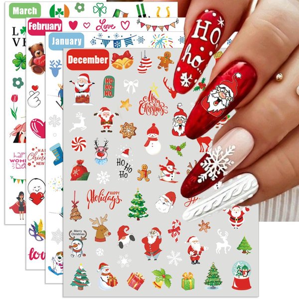 IDDFEVE 12 Months All Holiday Nail Stickers, 24 Sheets Seasonal Variety Pack 2 Pcs Per Month DIY Nail Art, Self-Adhesive Pegatinas Uñas for a Year of Halloween Christmas Thanksgiving&Valentine’s Day