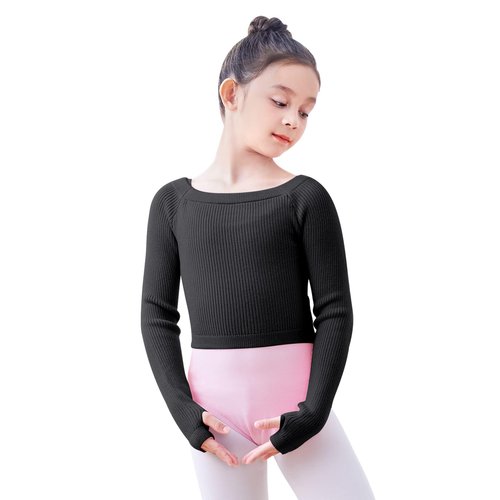 Daydance Knit Black Girls Ballet Sweaters Pullover Boat Neck Dance Crop Top for Leotards, A Size Up