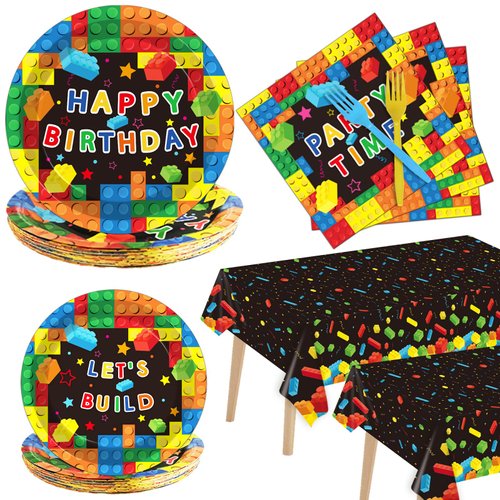 gisgfim Building Blocks Party Tableware Kit for 24 Guests Colorful Blocks Theme Birthday Party Decorations Kids Blocks Party Table Supplies Includes Plates, Napkins, Tablecloths