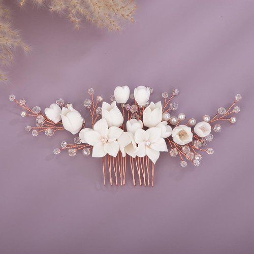 Teyglen Flower Bride Wedding Hair Comb Rose Gold Pearl Rhinestone Headpiece Flower Hair Accessories for Bride Bridal Crystal Side Comb Hair Piece for Women Girls (Rose Gold)