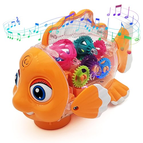 Tipmant Cute Electric Fish Toy Electronic Goldfish Animal Vehicle Car Auto Driving, Transparent Gears, Music, Luminous Lights, Baby Toddler Kids Birthday Gifts