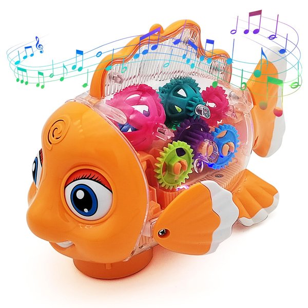 Tipmant Cute Electric Fish Toy Electronic Goldfish Animal Vehicle Car Auto Driving, Transparent Gears, Music, Luminous Lights, Baby Toddler Kids Birthday Gifts