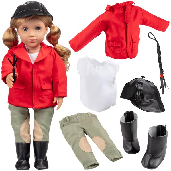 Dress Along Dolly 6pc Horseback Riding Outfit - 18" Doll Clothes & Accessories Compatible w American Girl Dolls - Equestrian Set Includes Hat, Shirt, Jacket, Pants, Boots, & Crop - Gifts for Girls