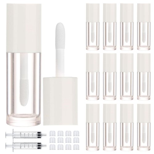 DupakSYS 12pcs 2.5ml Empty Lip Gloss Tubes with Wand Cute Lip Gloss Containers Refillable Cosmetic Lip Balm Tubes Lip Gloss Supplies Kit + 2pcs Syringes (White)