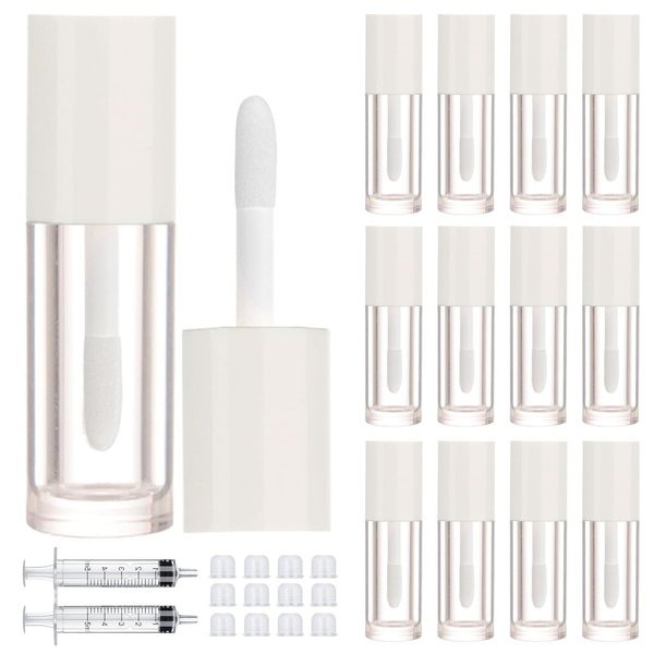 DupakSYS 12pcs 2.5ml Empty Lip Gloss Tubes with Wand Cute Lip Gloss Containers Refillable Cosmetic Lip Balm Tubes Lip Gloss Supplies Kit + 2pcs Syringes (White)