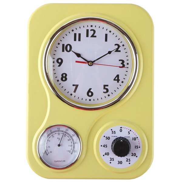 Lily's Home Retro Kitchen Wall Clock, with a Thermometer and 60-Minute Timer, Ideal for any Kitchen, Yellow (9.5 in x 13.3 in)