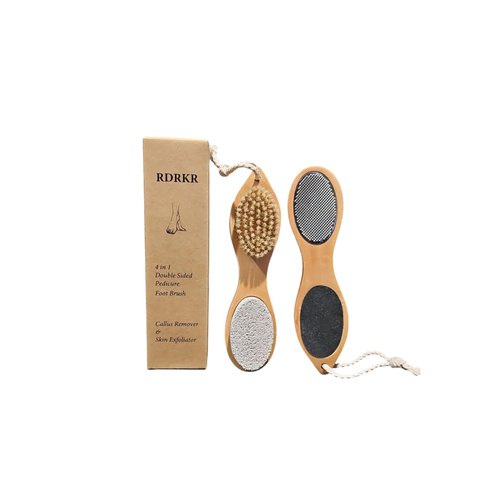 RDRKR Pumice Stone Foot File 4 in 1 Double Sided Foot Cleaner Kit Pedicure Steel Files Sandpaper Pumice Stone Boar Bristle Bamboo Foot Scrub