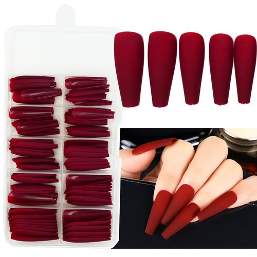 AddFavor 100pcs Coffin Fake Nails Full Cover Long Press on Nails Pure Color Matte Acrylic False Nail Tips for Women and Girls (Wine Red)