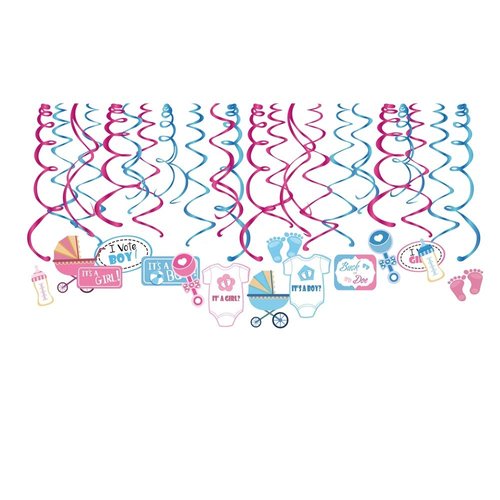 Kristin Paradise 30Ct Gender Reveal Hanging Swirl Decorations - Boy or Girl Party Supplies - Baby Revealing Theme Decor Ideas - He or She Favors Kit