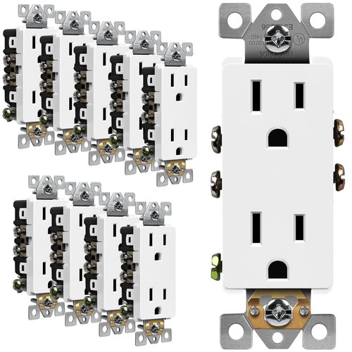 ENERLITES Decorator Receptacle, Residential Grade Outlet, 15A 125V, Self-Grounding, 2-Pole, 3-Wire, 5-15R, UL Listed, 61501-W-10PCS, White,10 pack, Wall Plate Not Included