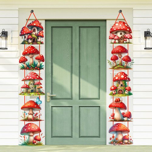 Mushroom Party Decorations, Mushroom Happy Birthday Party Door Banner Mushroom Party Door Signs Forest Mushroom Hanging Banner Decor for Jungle Kids Birthday Decoration Fairy Wonderland Party Supplies