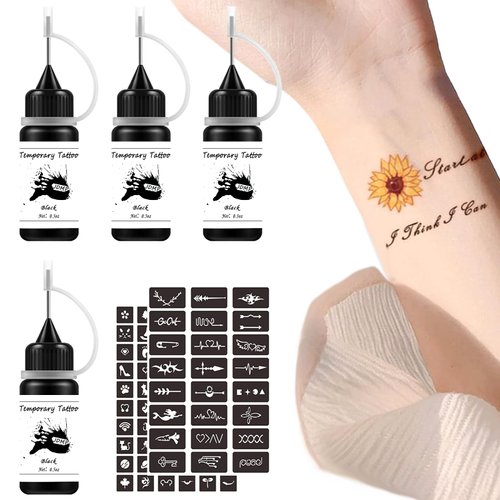 Temporary Tattoo Kits, Semi Permanent Tattoo Jagua Freehand Ink with 84 Adhesive Stencils, 4 Bottles Black Tattoo Ink Kit Inkbox DIY for Women Men Body Art Painting