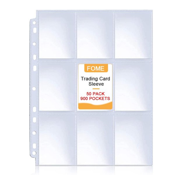 900 Pockets Baseball Card Sleeves, FOME Double Side 9-Pocket Trading Card Sleeve Page Protector 11 Holes Game Card Sleeves Fit 3 Ring Binder for Trading Card Baseball Game Business Cards 50 Pages