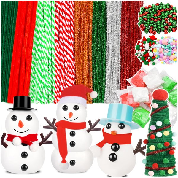 709 Pcs Pipe Cleaners Craft, Christmas Pipe Cleaners Including 400 Pipe Cleaners, 260 Pom Poms Balls, 40 Jingle Bells and 9 Modeling Clay for DIY Arts & Crafts Making and Christmas Decorations