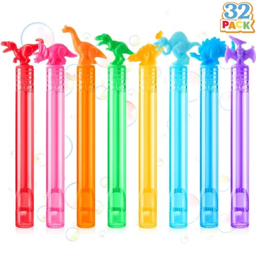 JOYIN 32 Pack Bubbles Party Favors for Kids, 8 Colors Dinosaur Mini Bubble Wands, Goodie Bag Stuffers, Treasure Box Toys, Classroom Prizes for Boys Girls