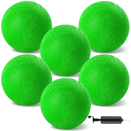 HSLCGF 6 Pcs Dodgeballs 8.5 Inch Playground Ball Kickball Green Inflatable Rubber Handball Bouncy Dodge Ball with 1 Hand Pump for Outdoors Games Gym Camps Picnic (Needle is at The Top of The Pump)