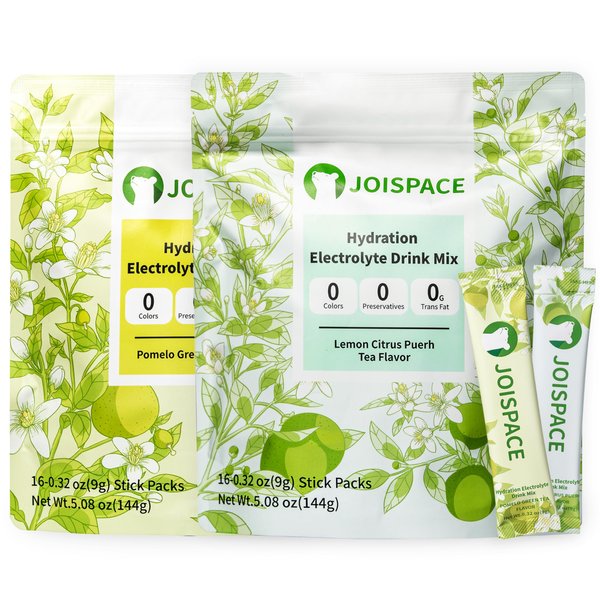 JOISPACE Electrolyte Drink Mix - Pomelo Green Tea ＆ Lemon Ganpu Tea - Hydration Powder Packets with Tea Polyphenols & Ascorbic Acid | Non-GMO, Vegan Electrolytes Powder Packets | 32 Servings