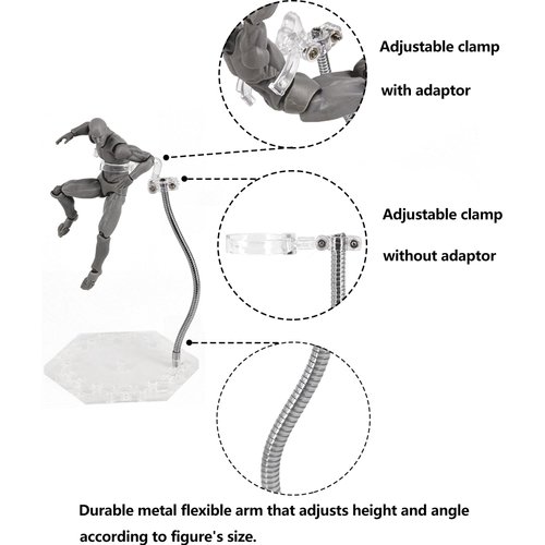 Action Figure Stand with Adjustable Metal Support Arm, Action Figure Display Holder Stand Base Compatible with HG RG SD SHF Gundam 1/144, Includes Screwdriver for Doll and Toy Display(2Pcs Clear)