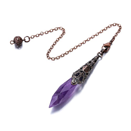 VadiForest Amethyst Dowsing Pendulum Reiki Hexagonal Crystal Stone Bronze Pendant Necklace for Divination, Meditation, Wicca, Energy Generator
