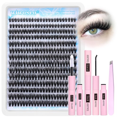 wiwoseo Fluffy Lash Clusters Kit 40D Fluffy Lash Extension Kit with Lash Bond and Seal Eyelash Clusters Eyelash Extensions Kit Wispy Lash Clusters DIY Lash Extension Kit for Beginners (336pcs, 8-16MM)