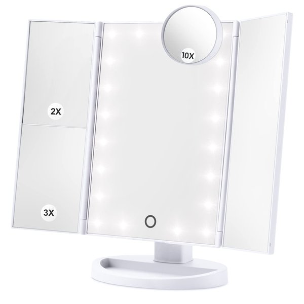 HAMSWAN Makeup Mirror Vanity Mirror with Lights, Lighted Makeup Mirror with 1X 2X 3X 10X Magnifying, Touch Control Design, Dual Power Supply, Portable LED Makeup Mirror, Women Gift (White+10X)