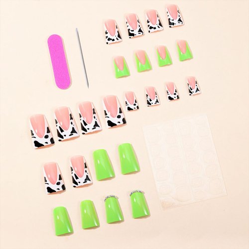 Tyuimhx Green Duck Nails With Rhinestones Designs Press on Milk Pattern Wide French Tip Fake Nails Full Cover Duck Feet Nail Tip Acrylic Duck False Nails Stick on Nails for Women Girls