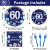 96 Pcs 60th Birthday Party Supplies Navy Blue and Silver Birthday Plates 60th Birthday Paper Tableware Happy Birthday Party Plates and Napkins Forks Blue Birthday Table Decorations for 24 Guests