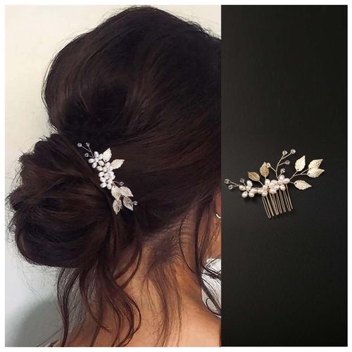 Vacaonio French Pearl Flower Hair Comb Pins Gold Leaf Hair Combs Headpiece Vintage Pearl Side Comb Crystal Rhinestone Hair Comb Wedding Bridal Hairpins Decorative Hair Accessories for Women and Girls