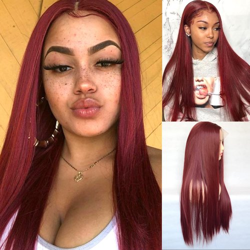 BLUPLE Dark Red Lace Front Wigs T-Lace Part Wine Red Long Silk Straight Hair Wigs with Middle Part Synthetic Hair Replacement Full Wigs for Women Daily Wear (22Inch, Straight,Red)