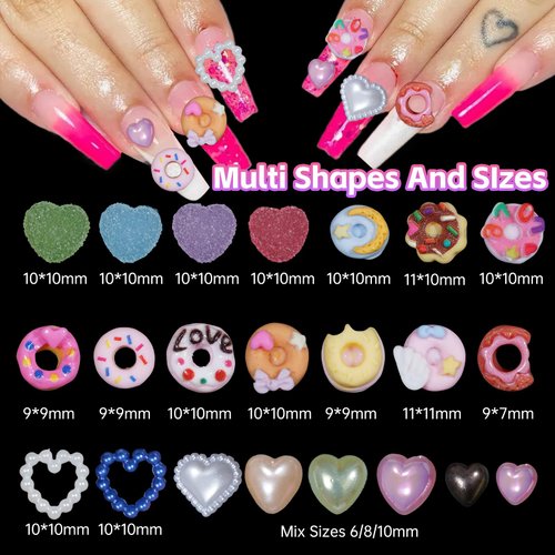 Assorted 3D Candy Nail Charms, Lollipop Donuts Nail Charms, Color Heart Pearls Candy 3D Nail Art, Assorted Cute Nail Charms for Nail Art DIY Decorations Design with Pickup Tools