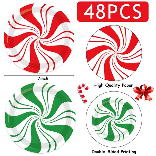 48Pcs Christmas Peppermint Candy Paper Plates Christmas dessert Cake Plates Candy Mint Happy New Year Disposable Party Supplies Set Holiday Xmas Peppermint Red Green Striped Decorations 7Inch