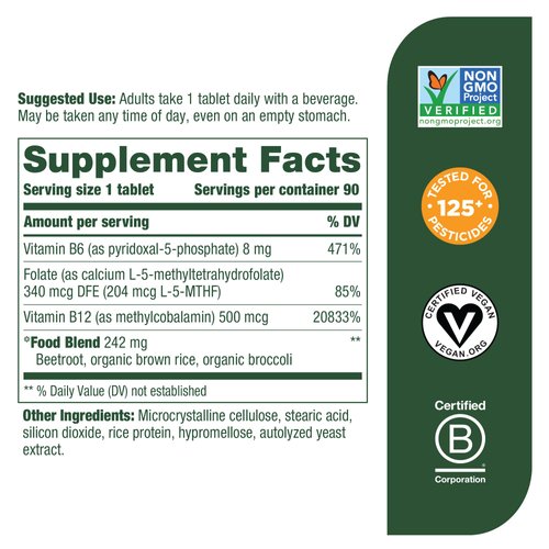 MegaFood Methyl B12 - Vegan - Includes Methyl Folate, Vitamin B12 & B6 - Supports Cellular Energy Production, Nervous System Health & Cardiovascular Function - 90 Tablets