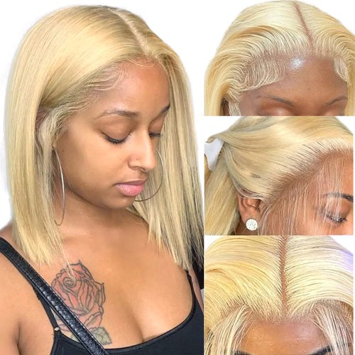 Blonde Bob Wig Human Hair, 613 Lace Front Wig Human Hair 13x4 HD Lace Front Wigs Human Hair Pre Plucked Glueless Wigs 180% Density 8 Inch 613 Blonde Short Bob Wig Human Hair Wigs for Black Women